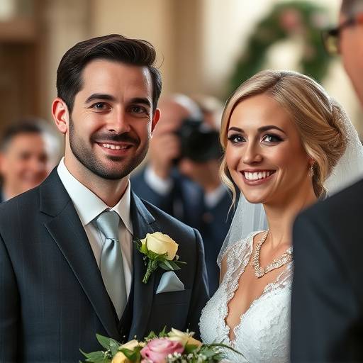 Casal de noivos sorrindo durante a cerimônia de casamento, com o fotógrafo capturando o momento